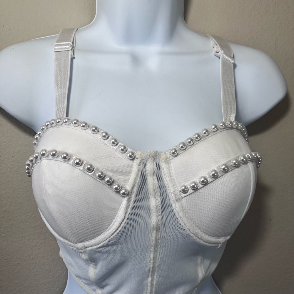 Say What White Mesh Pearl Crop Bralette Size Small New With Tags - Picture 3 of 10